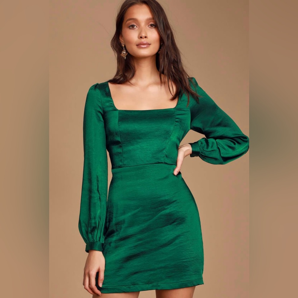Got The Love Emerald Green Satin Square-Neck Mini Dress